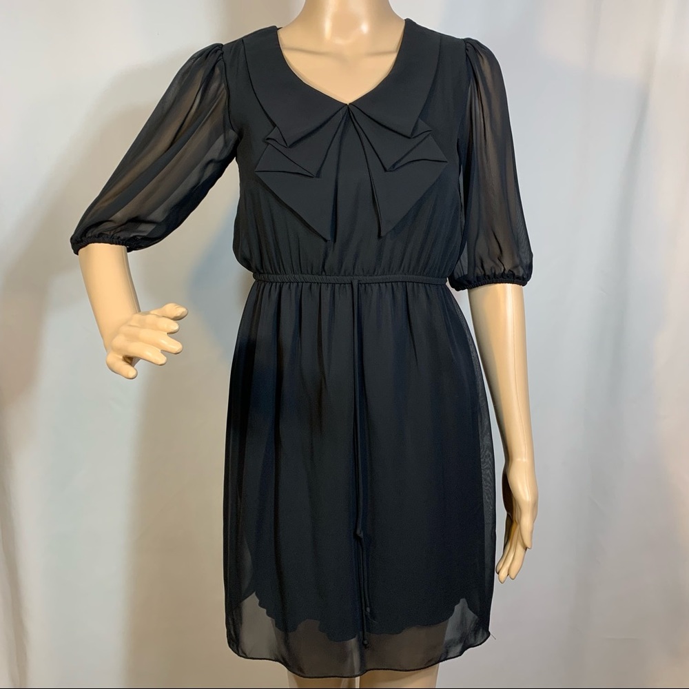 👗 Sweet Storm Black Sheer Puff Sleeve Bow-Detail Midi Dress